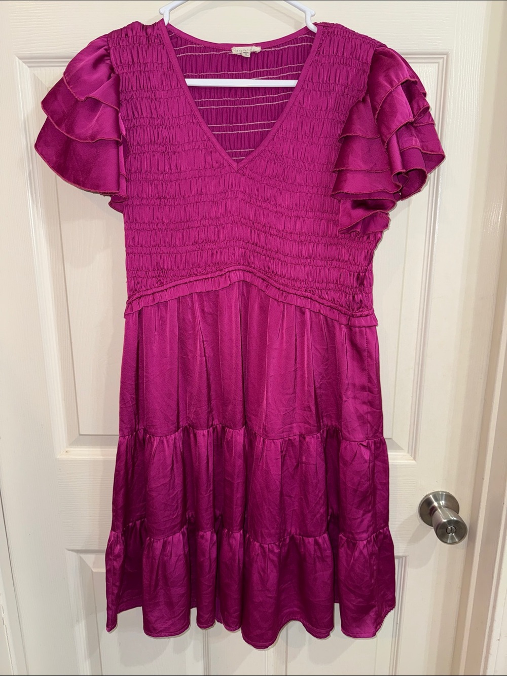 JODIFL Girls' Magenta Smocked Bodice Tiered Dress with Ruffled Sleeves